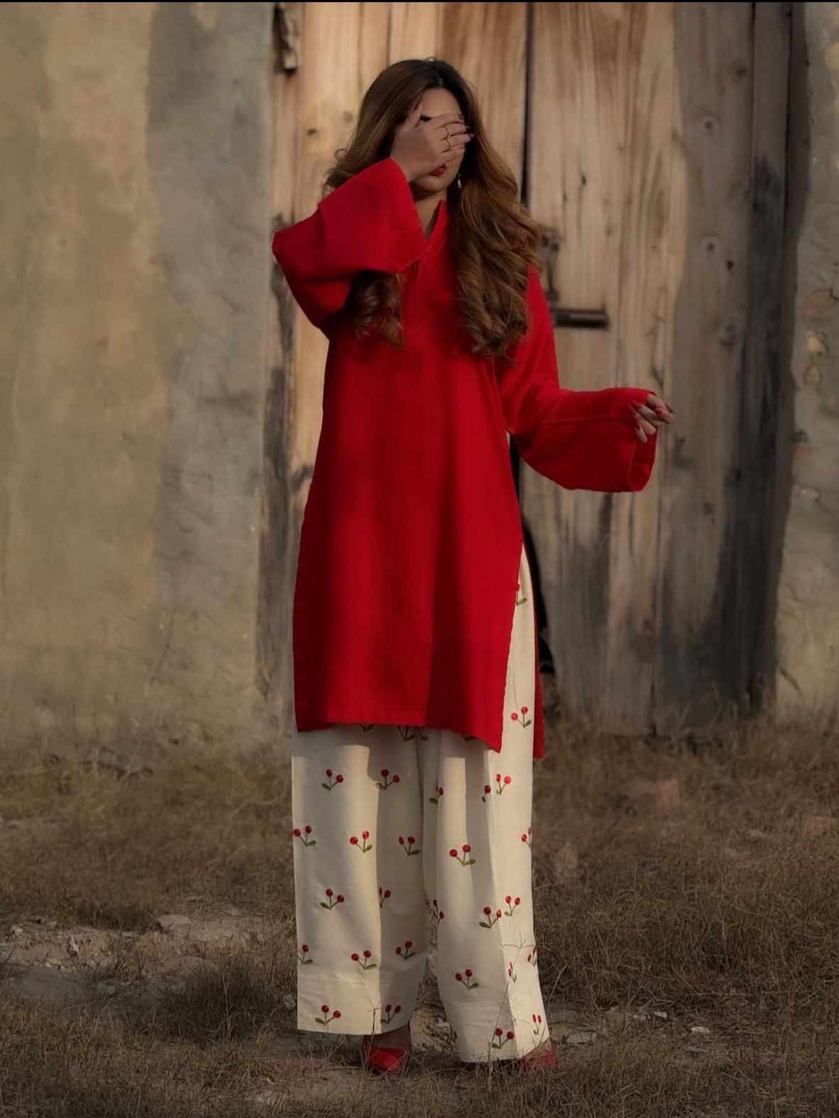 Cherry Printed Farshi Suit with V - Neck Shirt for Women -  shop_nameHashaya